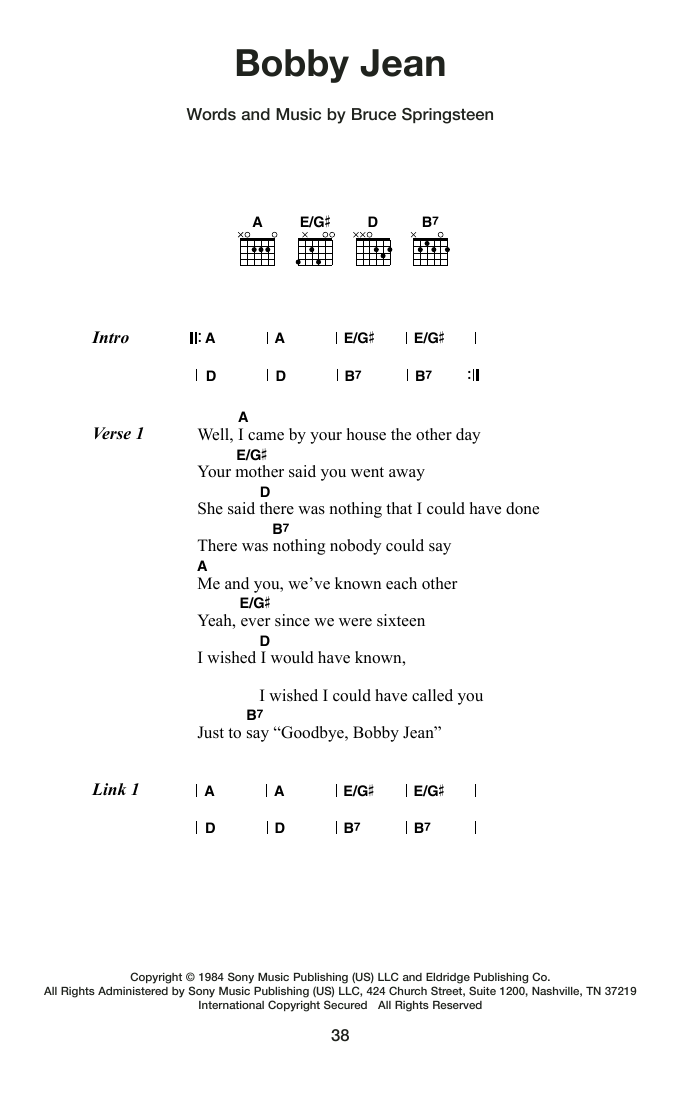 Bruce Springsteen Bobby Jean Sheet Music Notes & Chords for Guitar Chords/Lyrics - Download or Print PDF