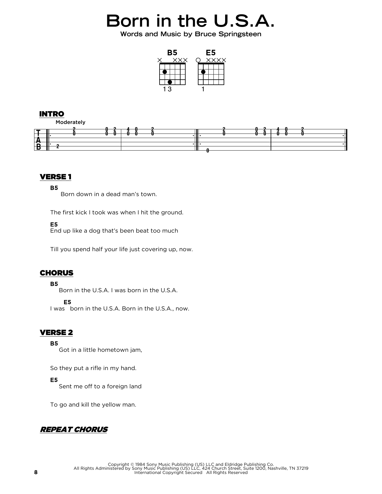 Bruce Springsteen Born In The U.S.A. Sheet Music Notes & Chords for Piano, Vocal & Guitar Chords (Right-Hand Melody) - Download or Print PDF