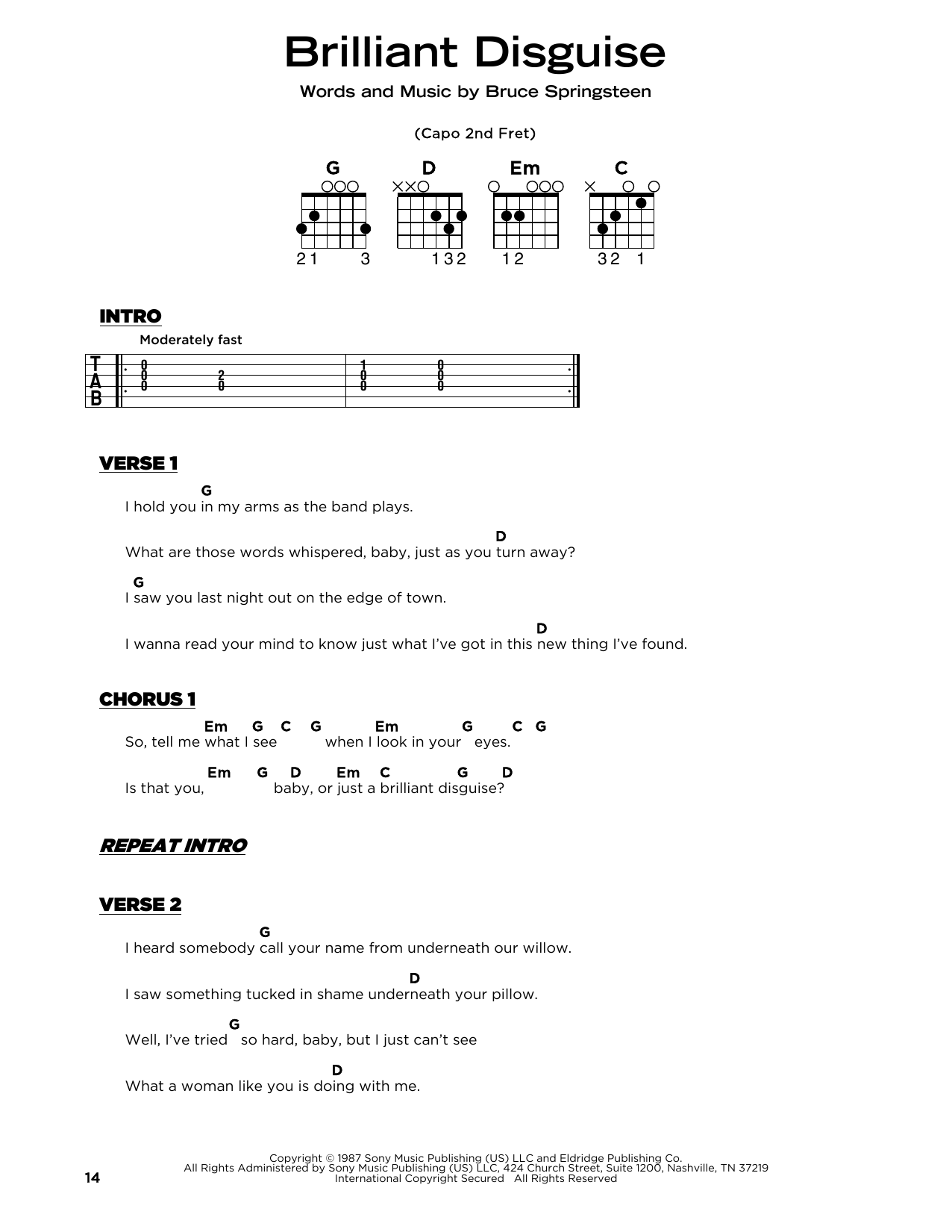 Bruce Springsteen Brilliant Disguise Sheet Music Notes & Chords for Really Easy Guitar - Download or Print PDF Bruce Springsteen Brilliant Disguise Sheet Music Notes & Chords for Really Easy Guitar - Download or Print PDF