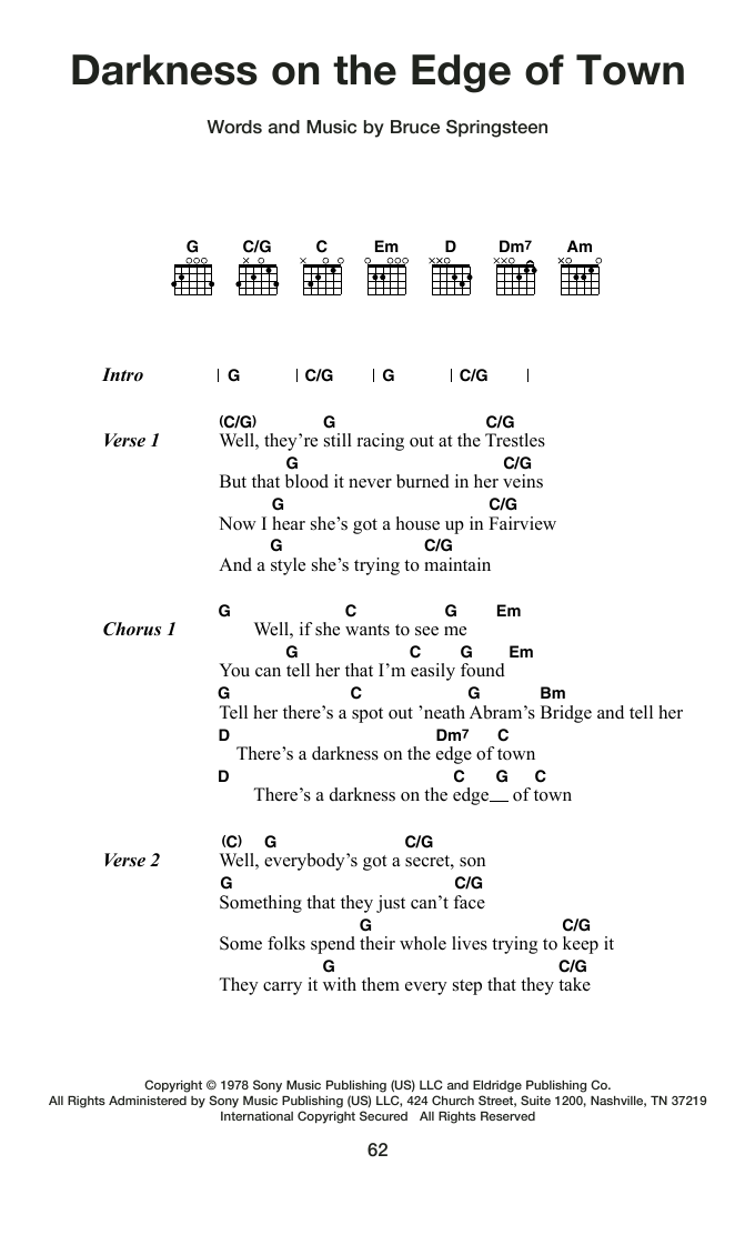 Bruce Springsteen Darkness On The Edge Of Town Sheet Music Notes & Chords for Guitar Chords/Lyrics - Download or Print PDF