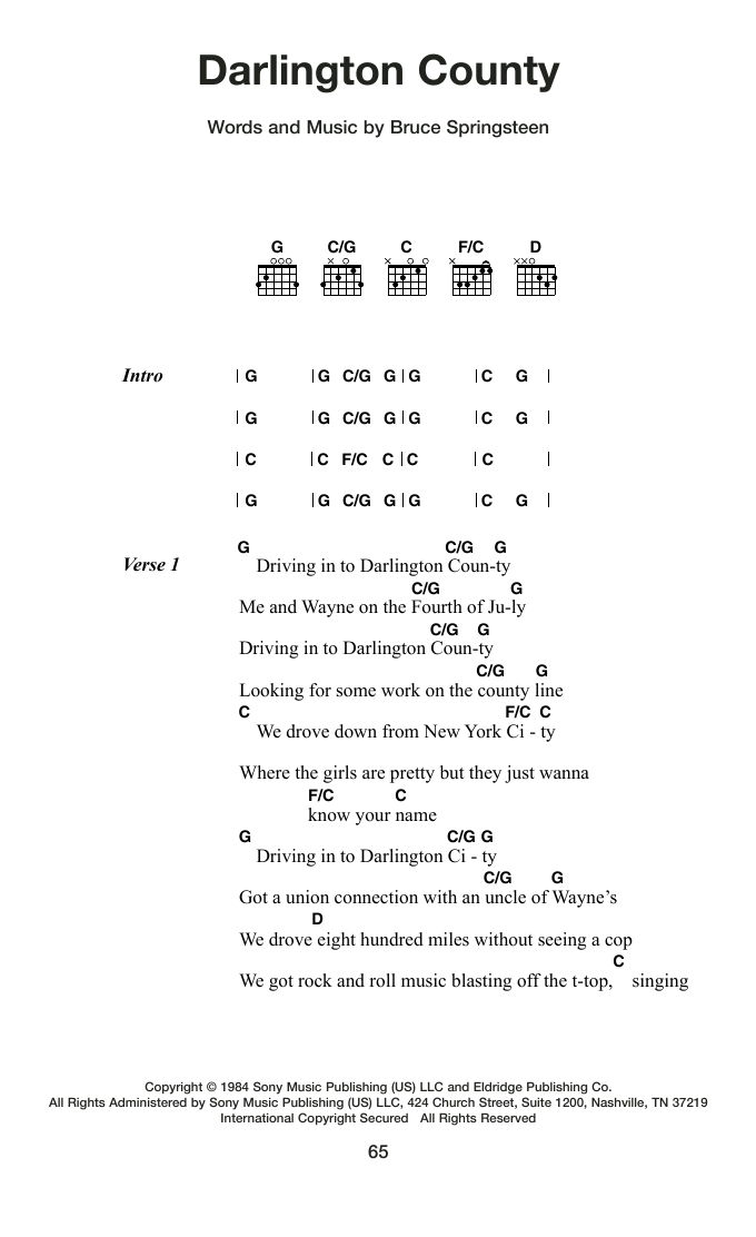 Bruce Springsteen Darlington County Sheet Music Notes & Chords for Guitar Chords/Lyrics - Download or Print PDF