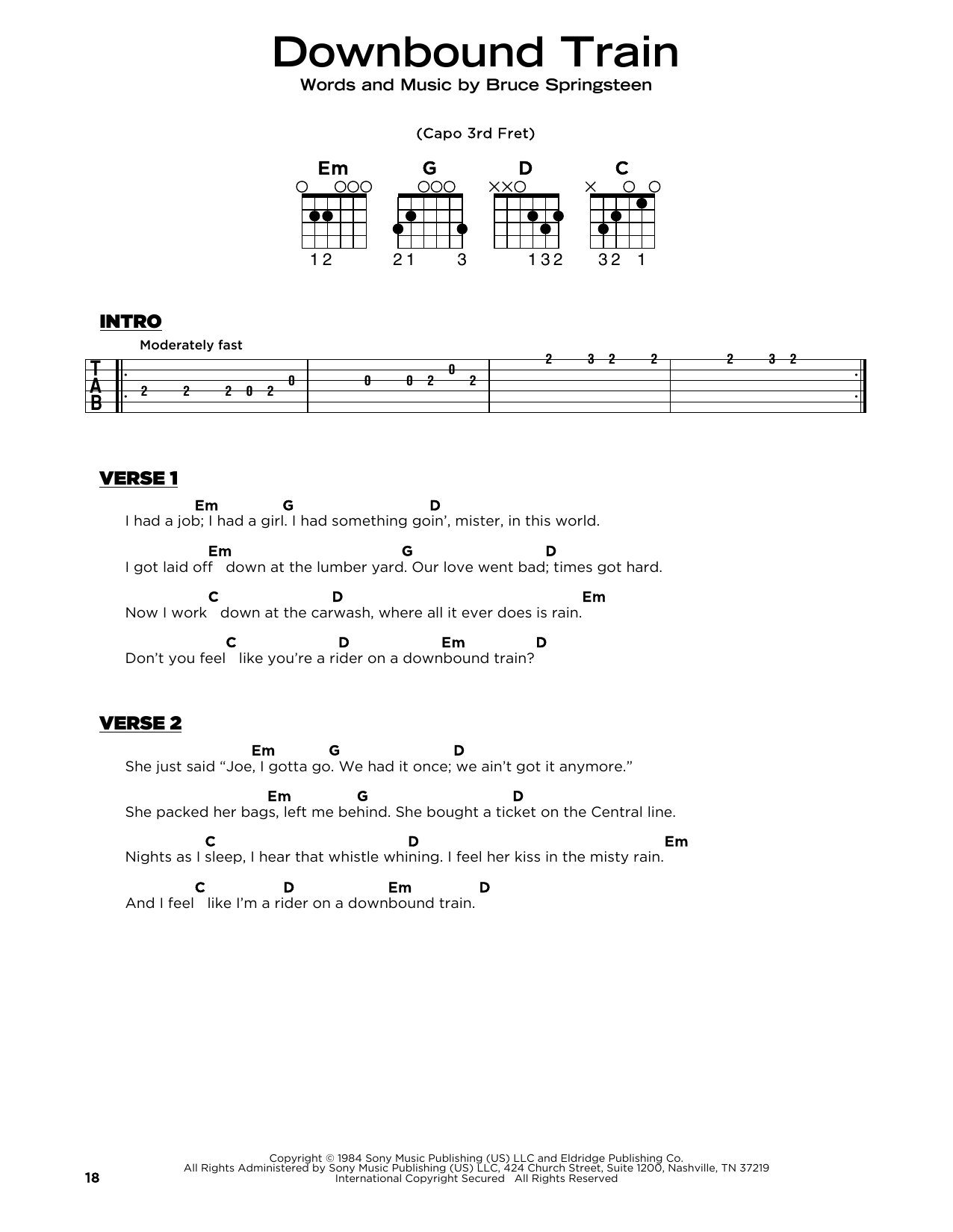 Bruce Springsteen Downbound Train Sheet Music Notes & Chords for Piano, Vocal & Guitar Chords (Right-Hand Melody) - Download or Print PDF
