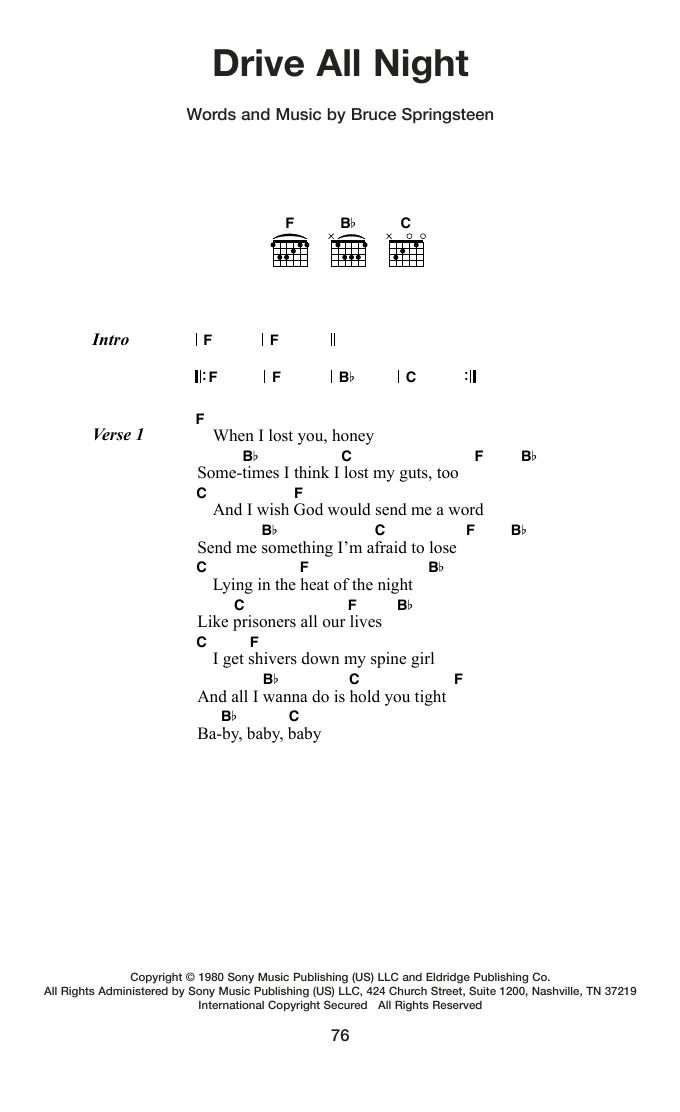 Bruce Springsteen Drive All Night Sheet Music Notes & Chords for Guitar Chords/Lyrics - Download or Print PDF