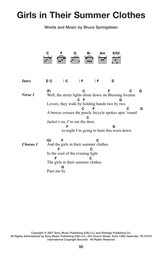 Bruce Springsteen Girls In Their Summer Clothes Sheet Music Notes & Chords for Guitar Chords/Lyrics - Download or Print PDF