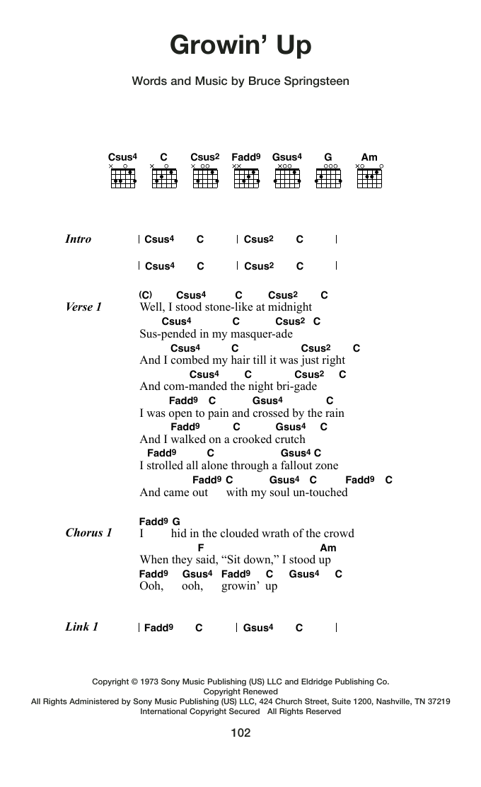 Bruce Springsteen Growin' Up Sheet Music Notes & Chords for Guitar Chords/Lyrics - Download or Print PDF
