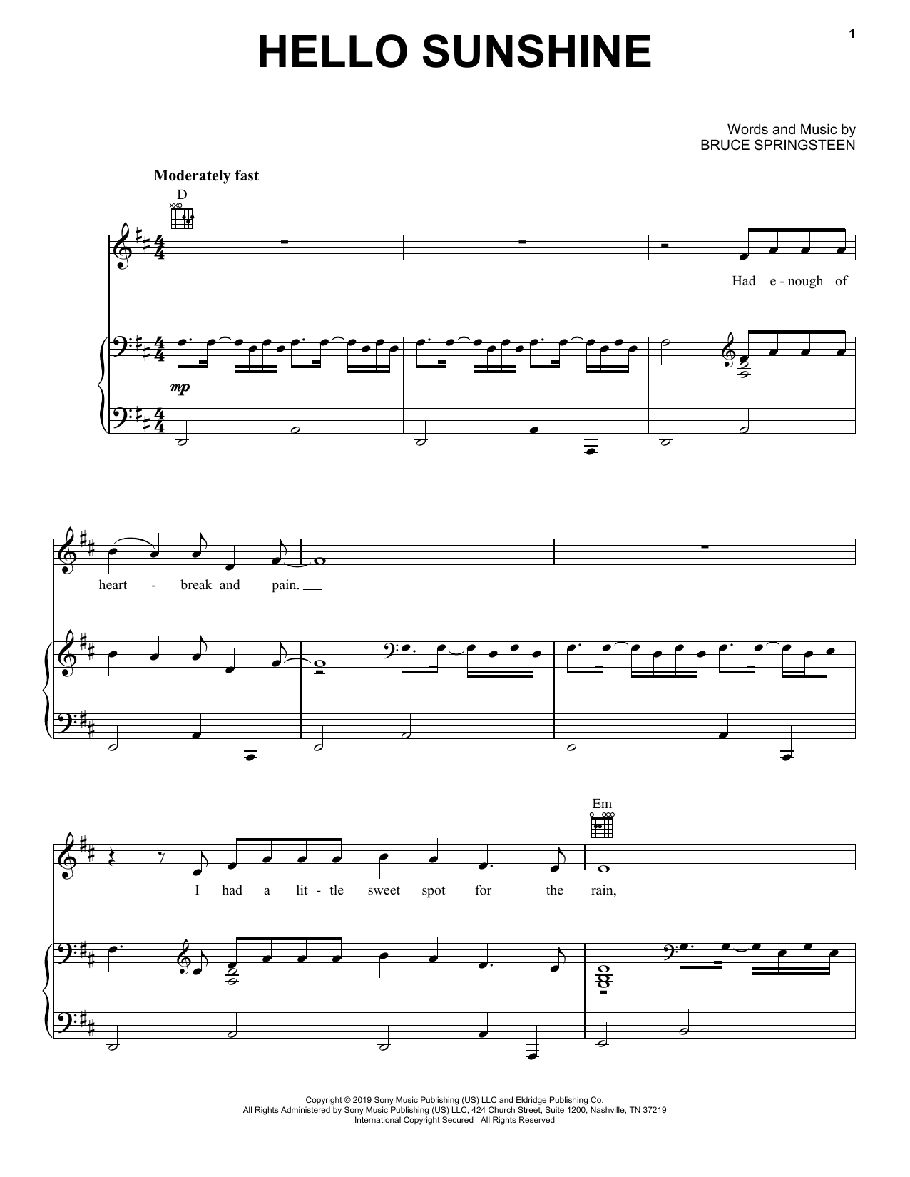 Bruce Springsteen Hello Sunshine Sheet Music Notes & Chords for Piano, Vocal & Guitar Chords (Right-Hand Melody) - Download or Print PDF