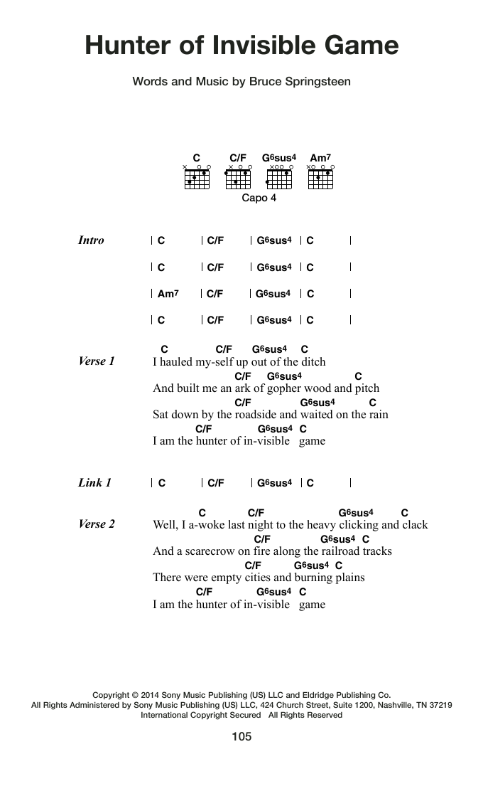 Bruce Springsteen Hunter Of Invisible Game Sheet Music Notes & Chords for Guitar Chords/Lyrics - Download or Print PDF