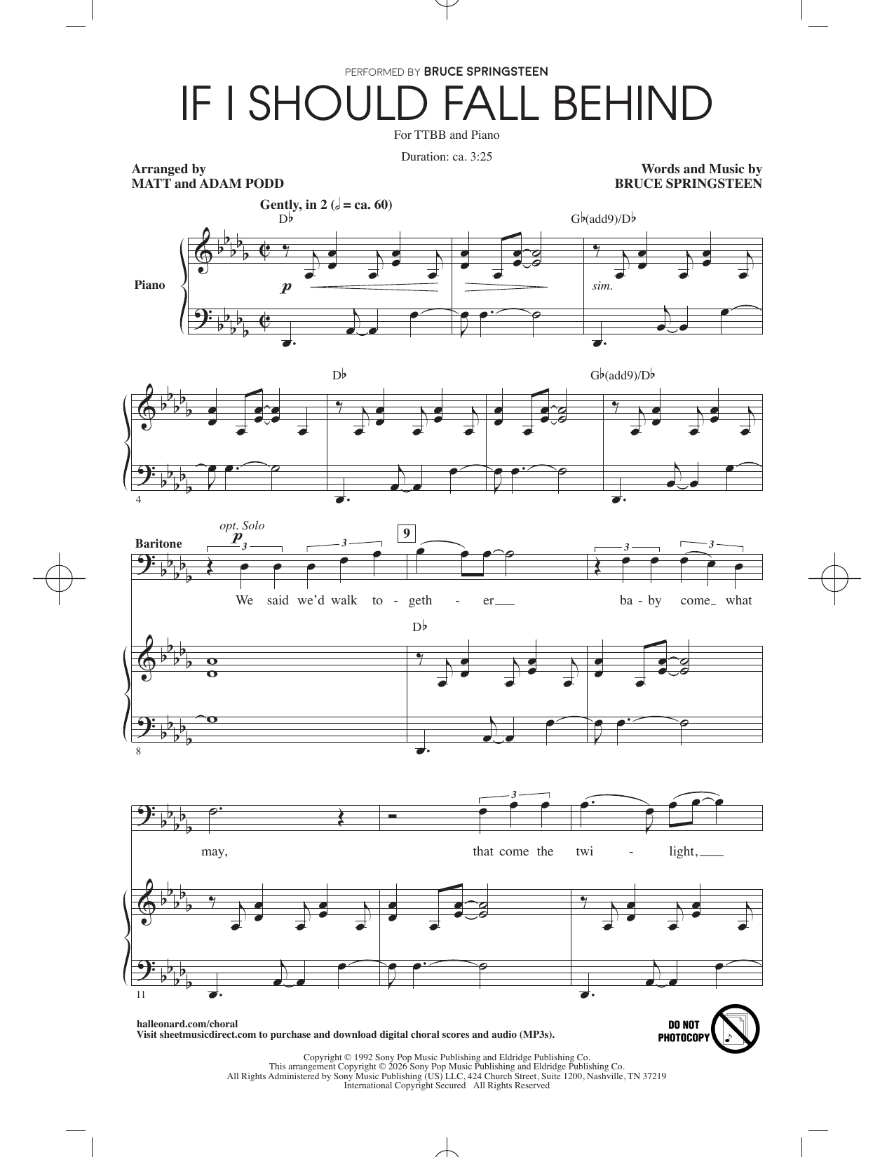 Bruce Springsteen If I Should Fall Behind (arr. Adam Podd & Matt Podd) Sheet Music Notes & Chords for TTBB Choir - Download or Print PDF