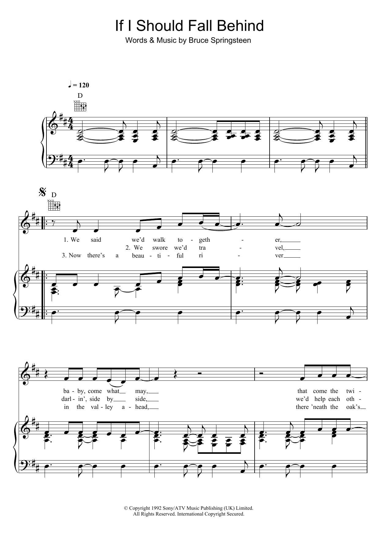 Bruce Springsteen If I Should Fall Behind Sheet Music Notes & Chords for Piano, Vocal & Guitar (Right-Hand Melody) - Download or Print PDF