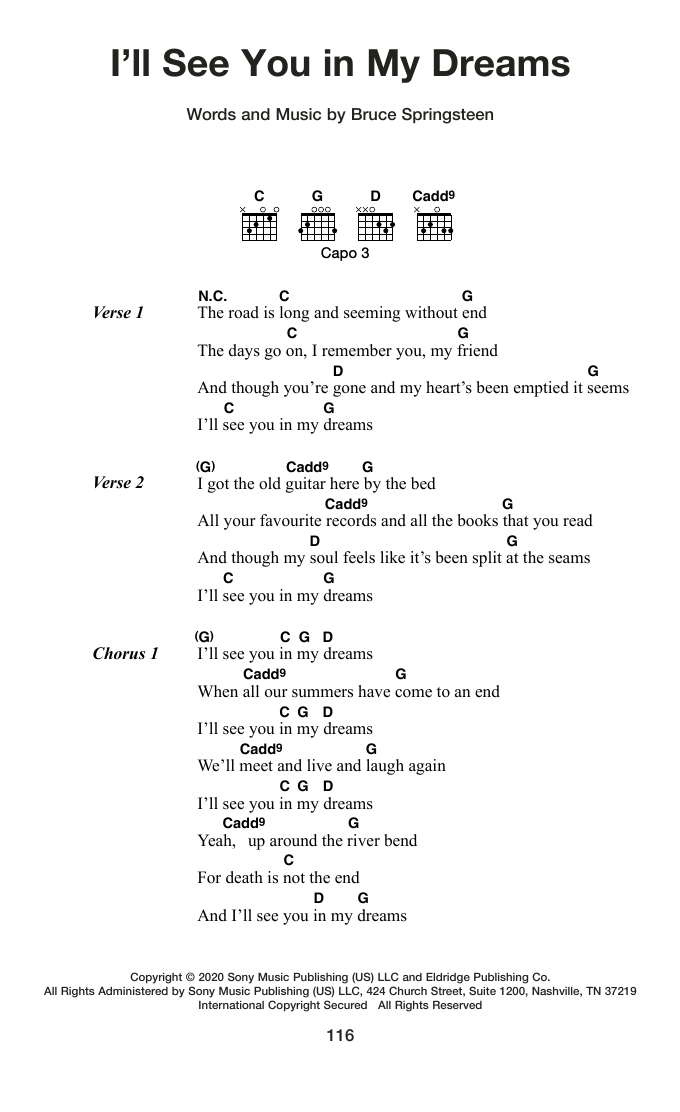 Bruce Springsteen I'll See You In My Dreams Sheet Music Notes & Chords for Guitar Chords/Lyrics - Download or Print PDF