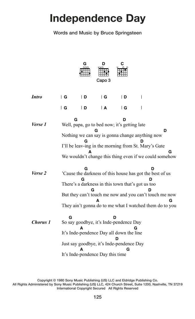 Bruce Springsteen Independence Day Sheet Music Notes & Chords for Guitar Chords/Lyrics - Download or Print PDF