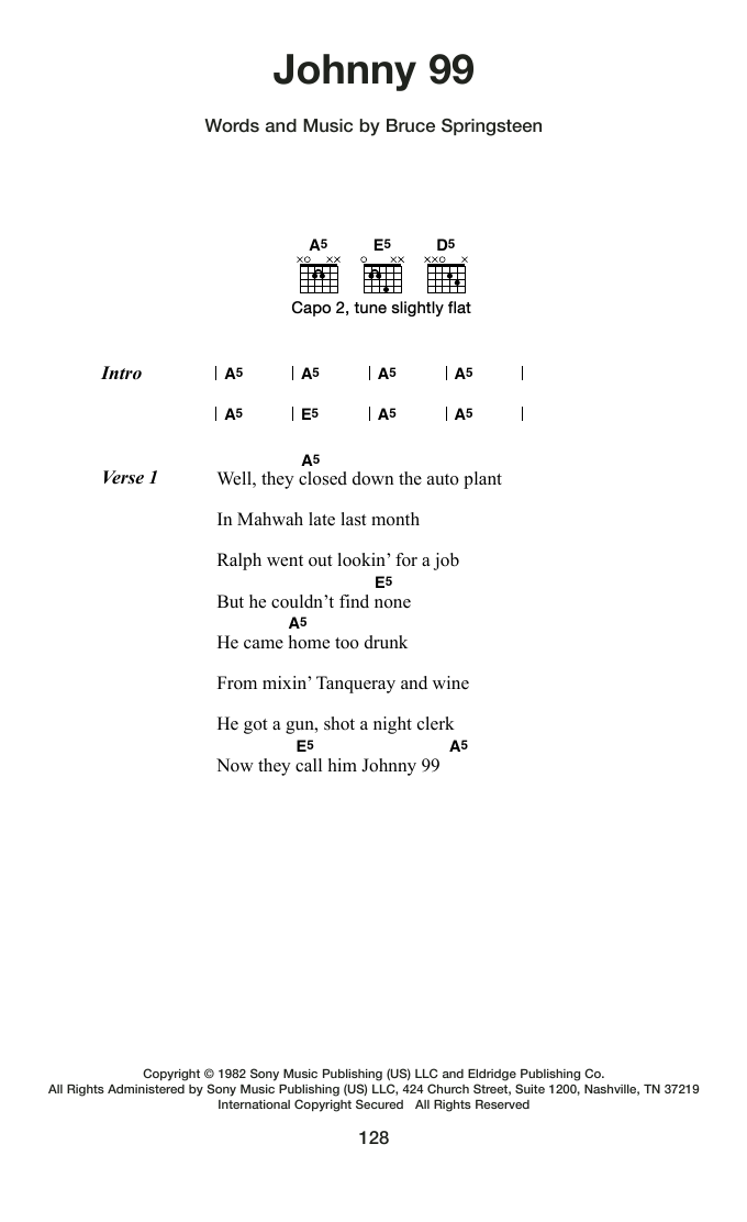 Bruce Springsteen Johnny 99 Sheet Music Notes & Chords for Guitar Chords/Lyrics - Download or Print PDF