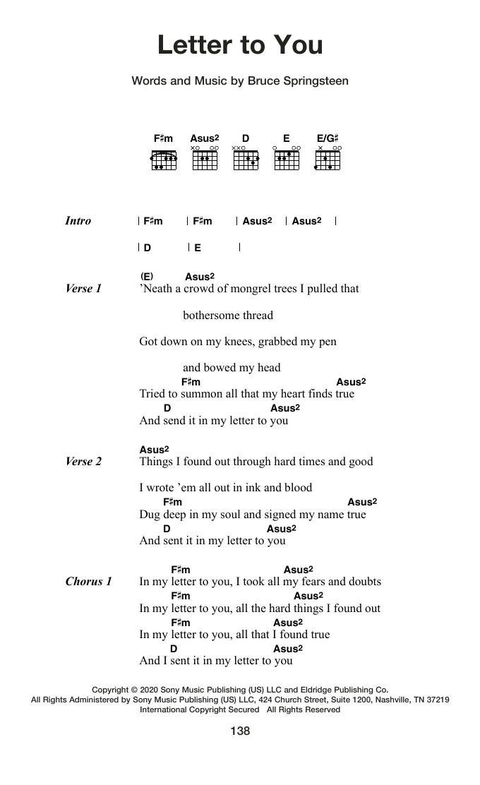 Bruce Springsteen Letter To You Sheet Music Notes & Chords for Guitar Chords/Lyrics - Download or Print PDF