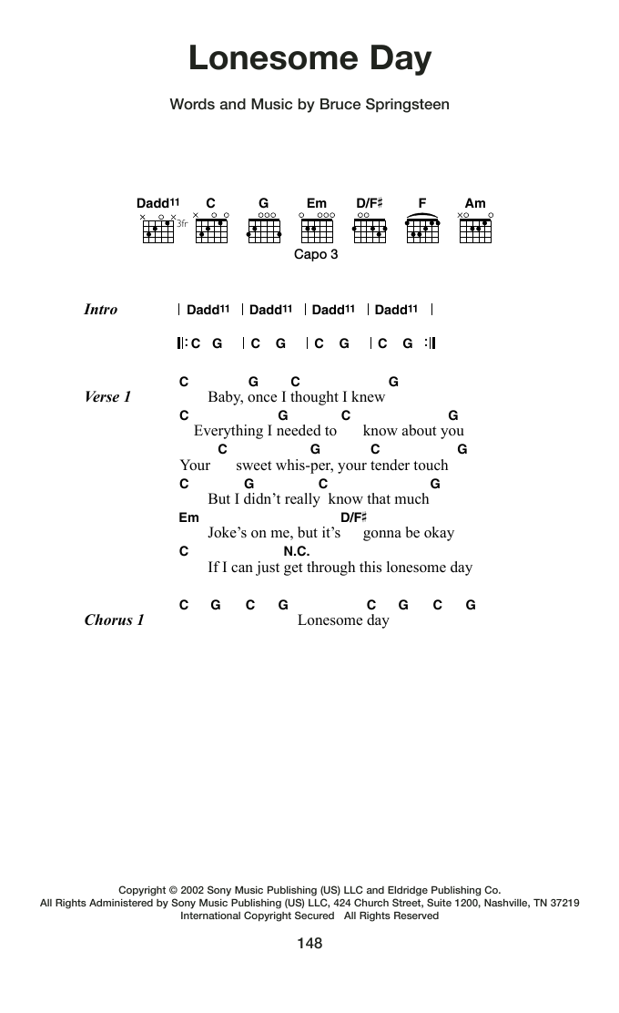 Bruce Springsteen Lonesome Day Sheet Music Notes & Chords for Guitar Chords/Lyrics - Download or Print PDF
