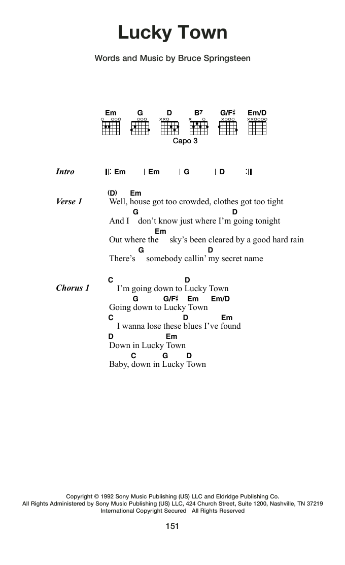 Bruce Springsteen Lucky Town Sheet Music Notes & Chords for Guitar Chords/Lyrics - Download or Print PDF
