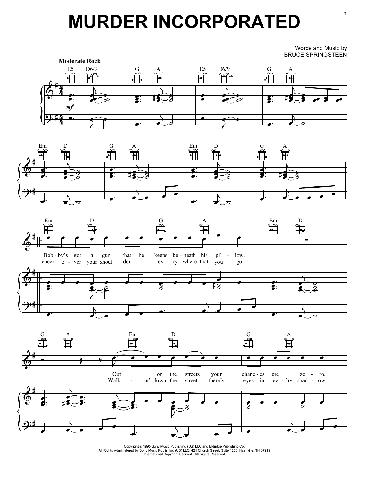 Bruce Springsteen Murder Incorporated Sheet Music Notes & Chords for Piano, Vocal & Guitar Chords (Right-Hand Melody) - Download or Print PDF