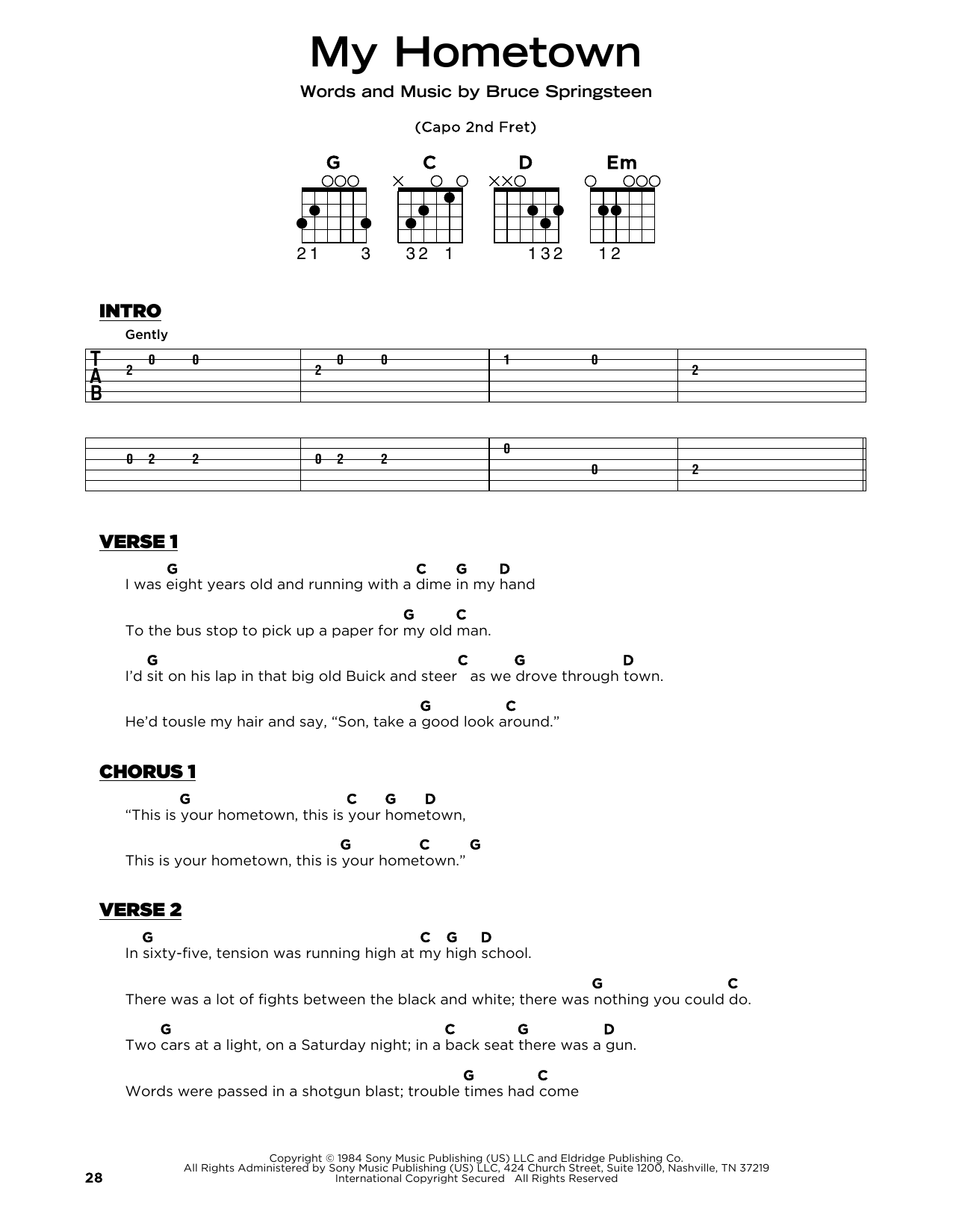 Bruce Springsteen My Hometown Sheet Music Notes & Chords for Really Easy Guitar - Download or Print PDF Bruce Springsteen My Hometown Sheet Music Notes & Chords for Really Easy Guitar - Download or Print PDF