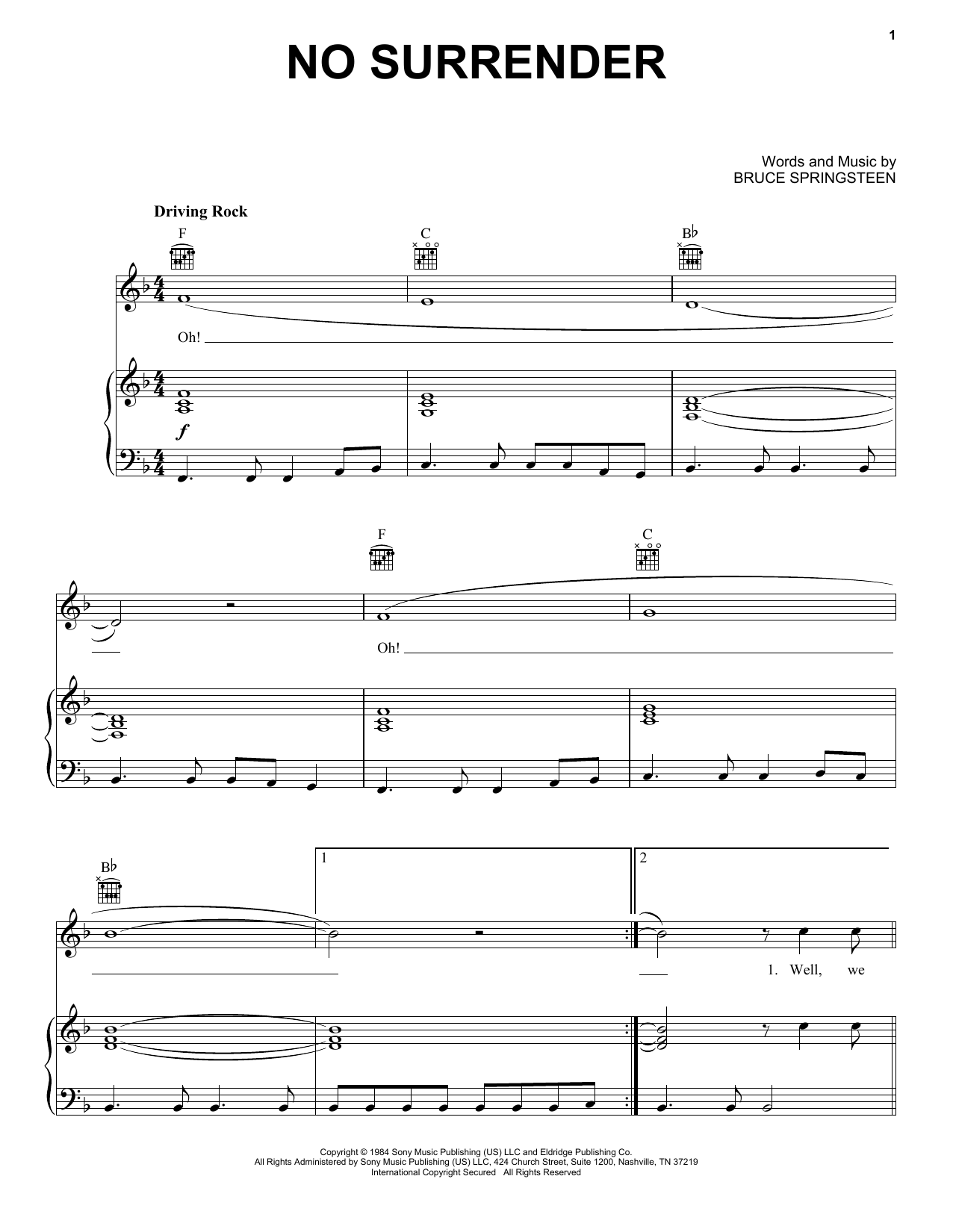 Bruce Springsteen No Surrender Sheet Music Notes & Chords for Piano, Vocal & Guitar Chords (Right-Hand Melody) - Download or Print PDF