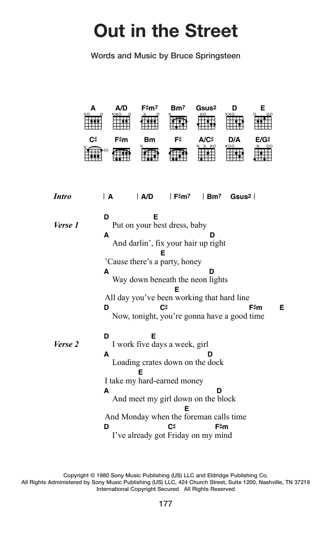 Bruce Springsteen Out In The Street Sheet Music Notes & Chords for Guitar Chords/Lyrics - Download or Print PDF