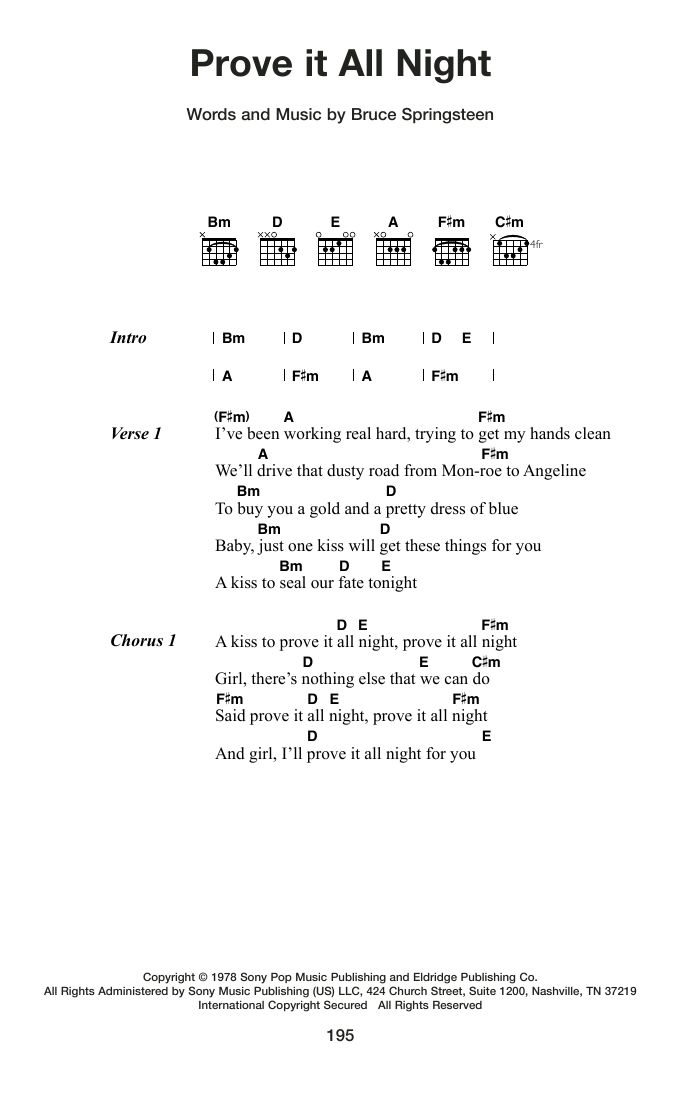 Bruce Springsteen Prove It All Night Sheet Music Notes & Chords for Guitar Chords/Lyrics - Download or Print PDF
