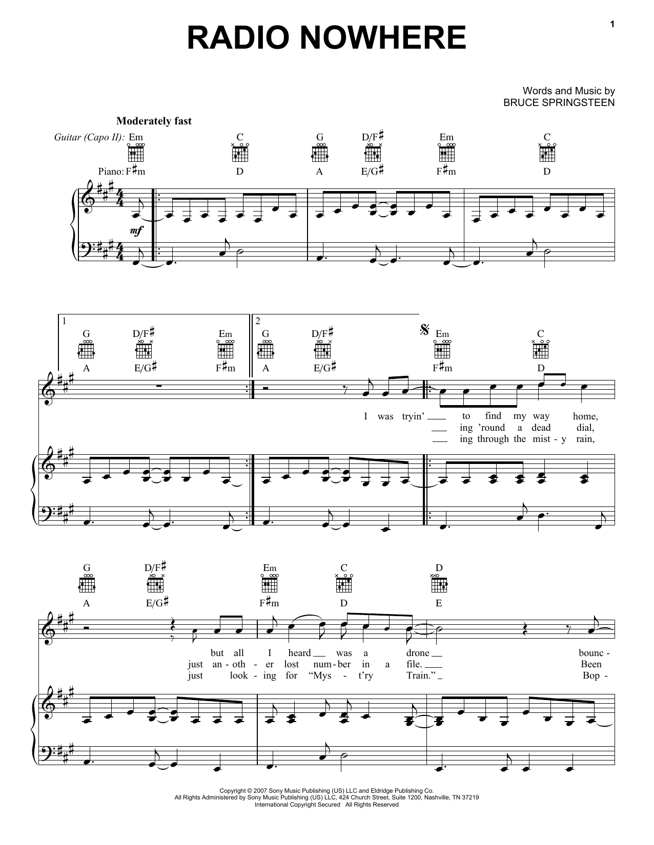 Bruce Springsteen Radio Nowhere Sheet Music Notes & Chords for Piano, Vocal & Guitar Chords (Right-Hand Melody) - Download or Print PDF