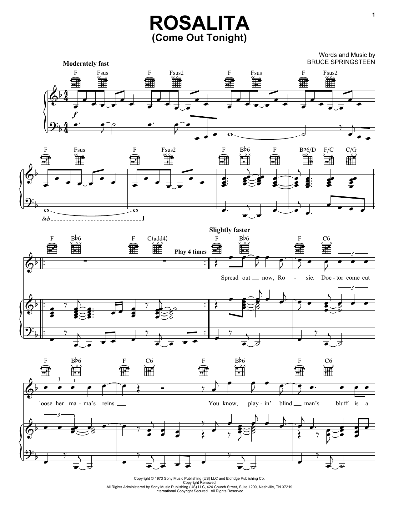 Bruce Springsteen Rosalita (Come Out Tonight) Sheet Music Notes & Chords for Piano, Vocal & Guitar Chords (Right-Hand Melody) - Download or Print PDF