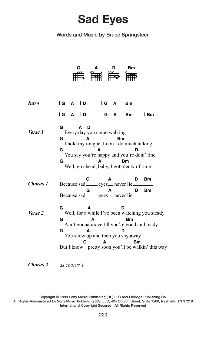 Bruce Springsteen Sad Eyes Sheet Music Notes & Chords for Guitar Chords/Lyrics - Download or Print PDF