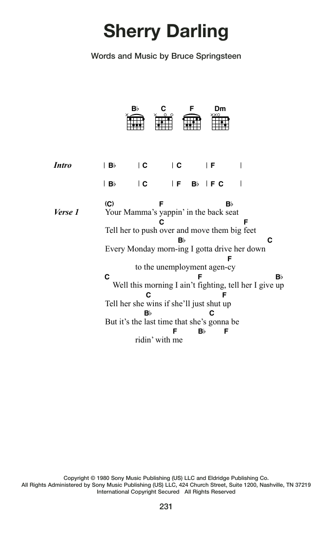 Bruce Springsteen Sherry Darling Sheet Music Notes & Chords for Guitar Chords/Lyrics - Download or Print PDF