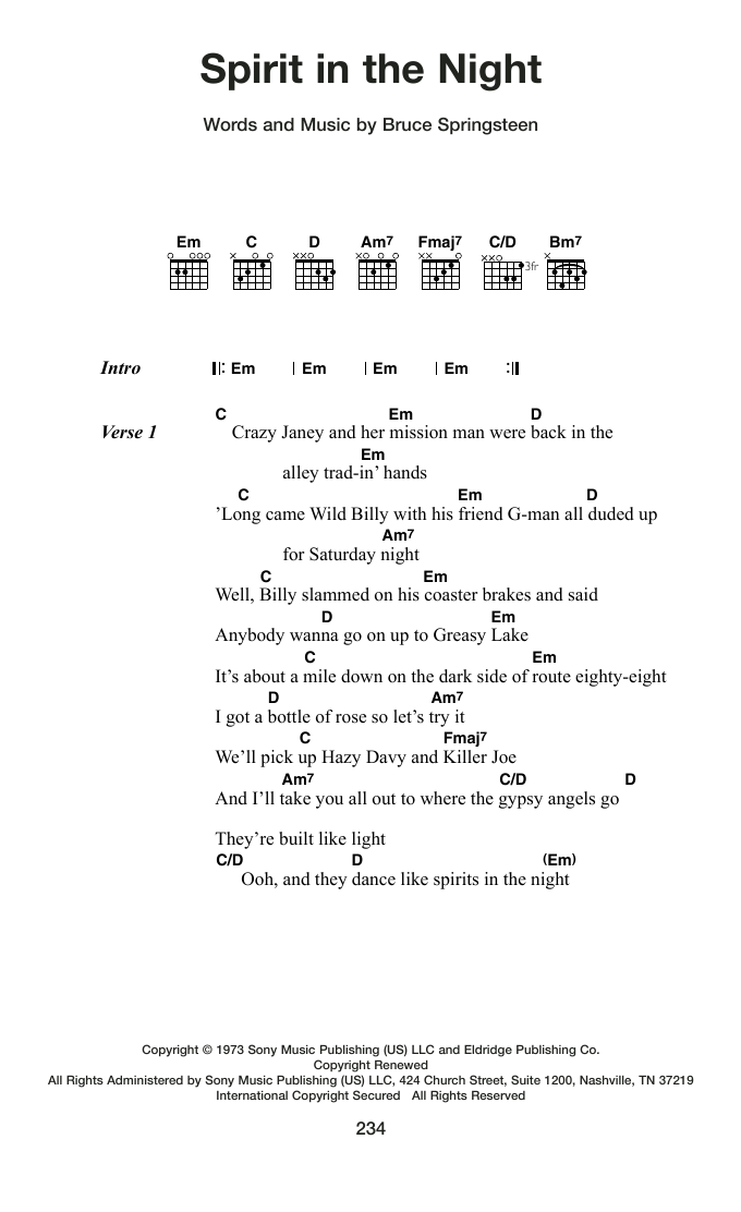 Bruce Springsteen Spirit In The Night Sheet Music Notes & Chords for Guitar Chords/Lyrics - Download or Print PDF