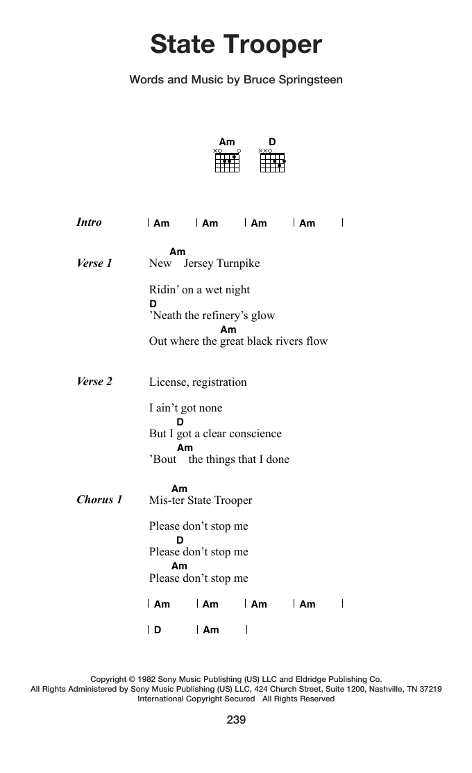Bruce Springsteen State Trooper Sheet Music Notes & Chords for Guitar Chords/Lyrics - Download or Print PDF