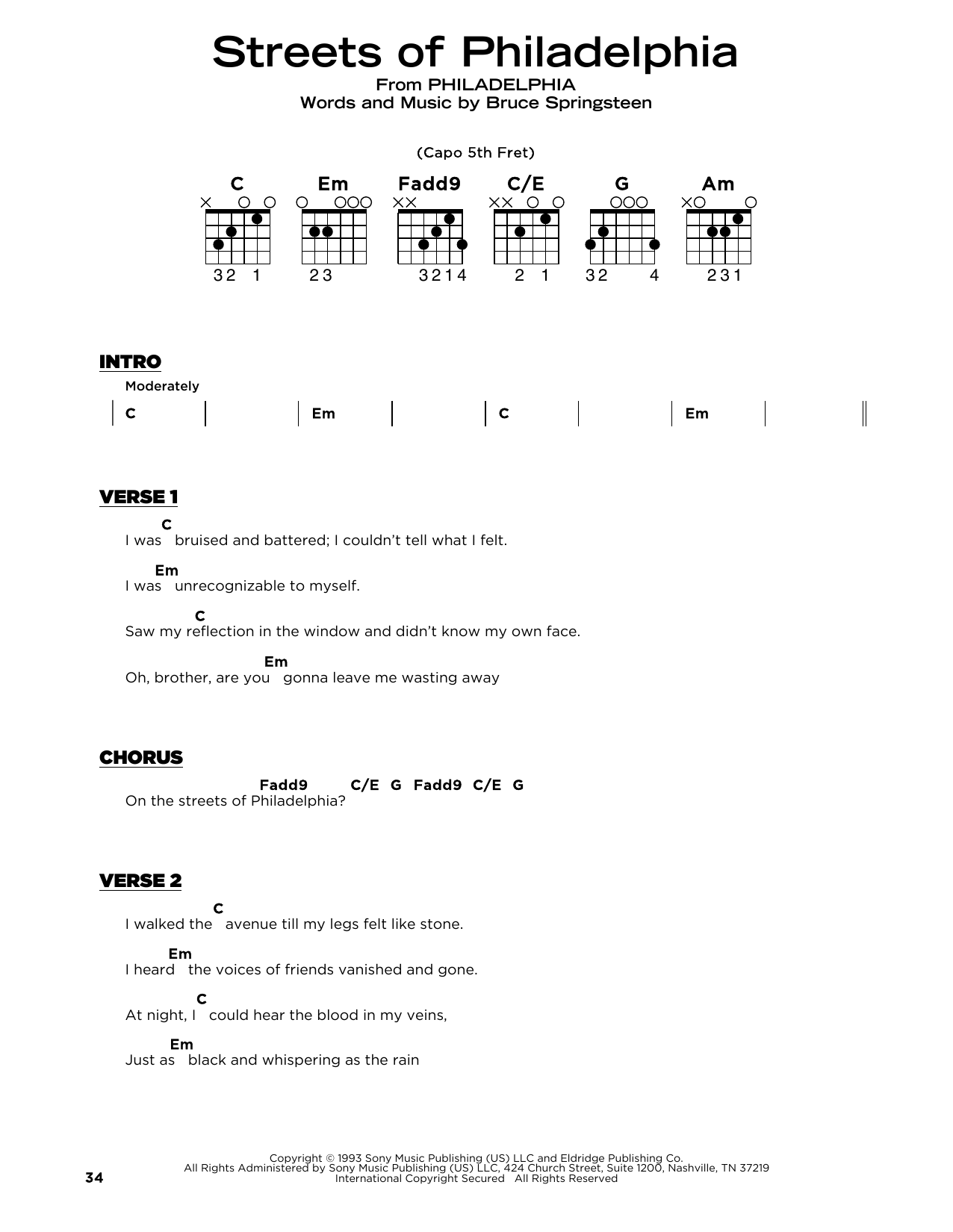 Bruce Springsteen Streets Of Philadelphia (from Philadelphia) Sheet Music Notes & Chords for Really Easy Guitar - Download or Print PDF Bruce Springsteen Streets Of Philadelphia (from Philadelphia) Sheet Music Notes & Chords for Really Easy Guitar - Download or Print PDF