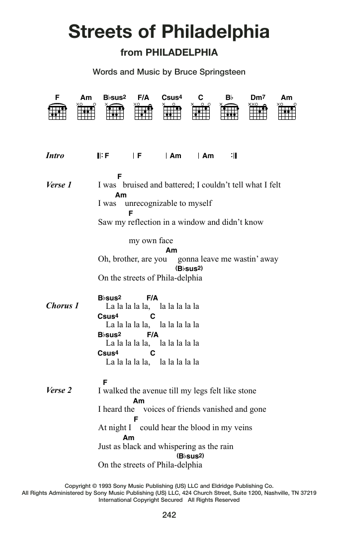 Bruce Springsteen Streets Of Philadelphia Sheet Music Notes & Chords for Guitar Chords/Lyrics - Download or Print PDF