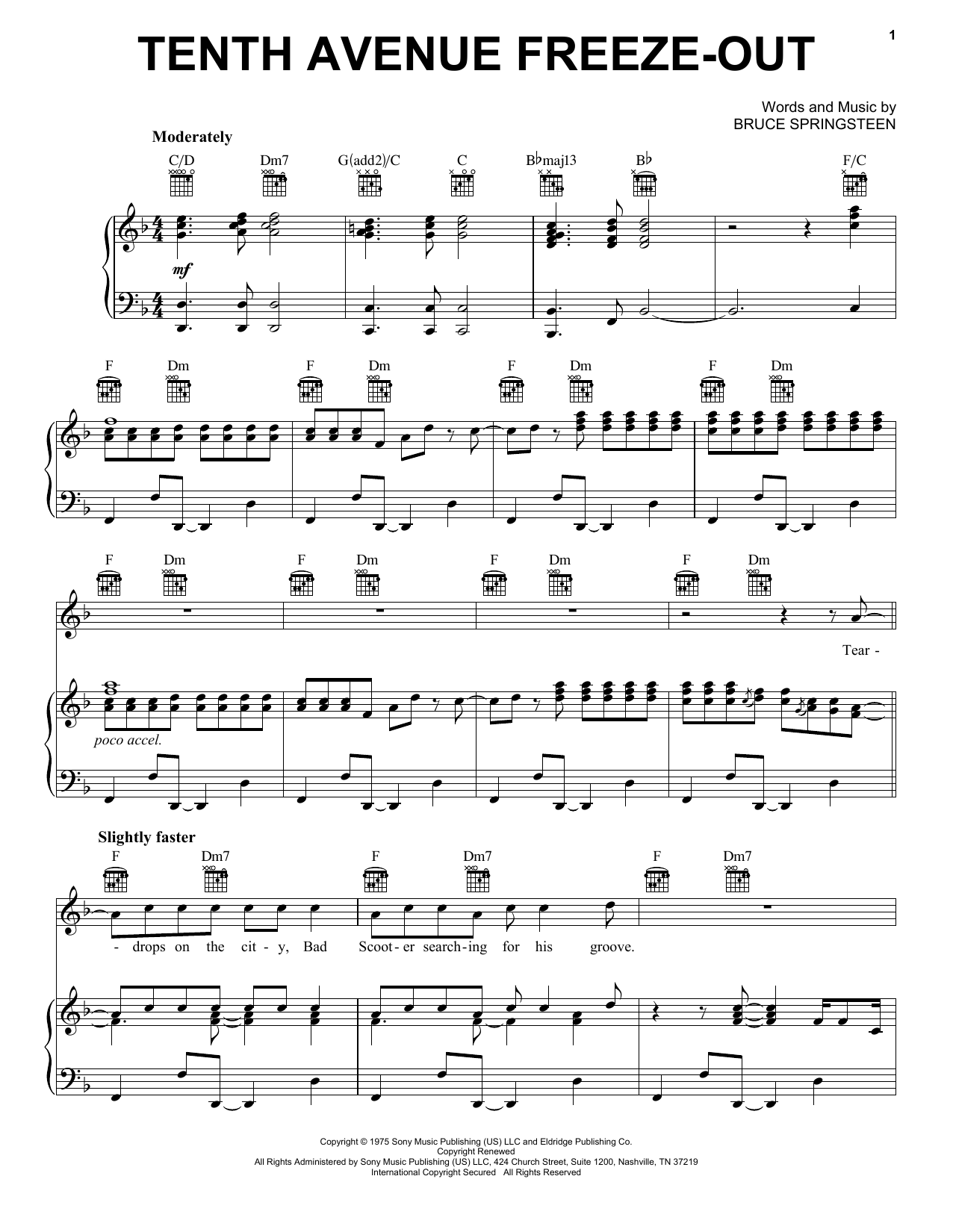 Bruce Springsteen Tenth Avenue Freeze-Out Sheet Music Notes & Chords for Piano, Vocal & Guitar Chords (Right-Hand Melody) - Download or Print PDF