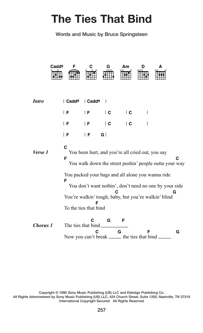 Bruce Springsteen The Ties That Bind Sheet Music Notes & Chords for Guitar Chords/Lyrics - Download or Print PDF