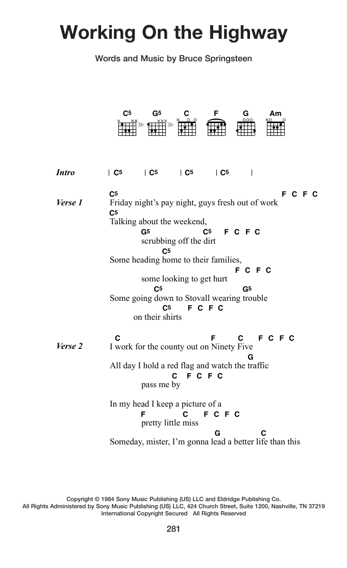 Bruce Springsteen Working On The Highway Sheet Music Notes & Chords for Guitar Chords/Lyrics - Download or Print PDF