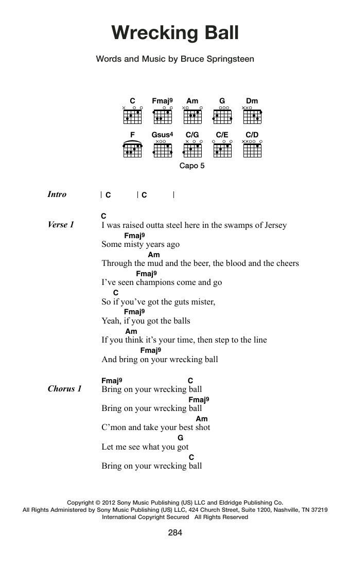 Bruce Springsteen Wrecking Ball Sheet Music Notes & Chords for Guitar Chords/Lyrics - Download or Print PDF