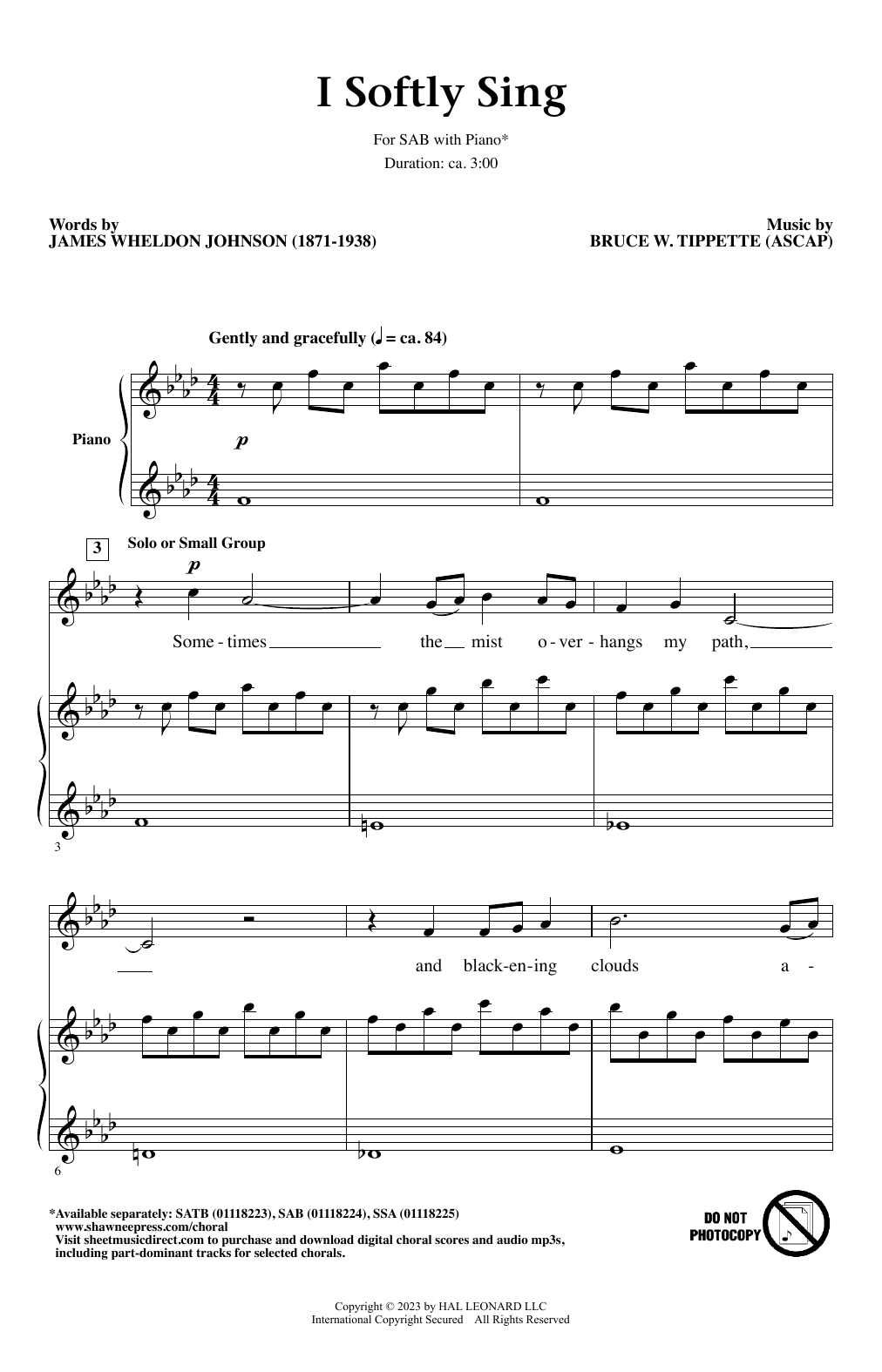 Bruce W. Tippette I Softly Sing Sheet Music Notes & Chords for SAB Choir - Download or Print PDF