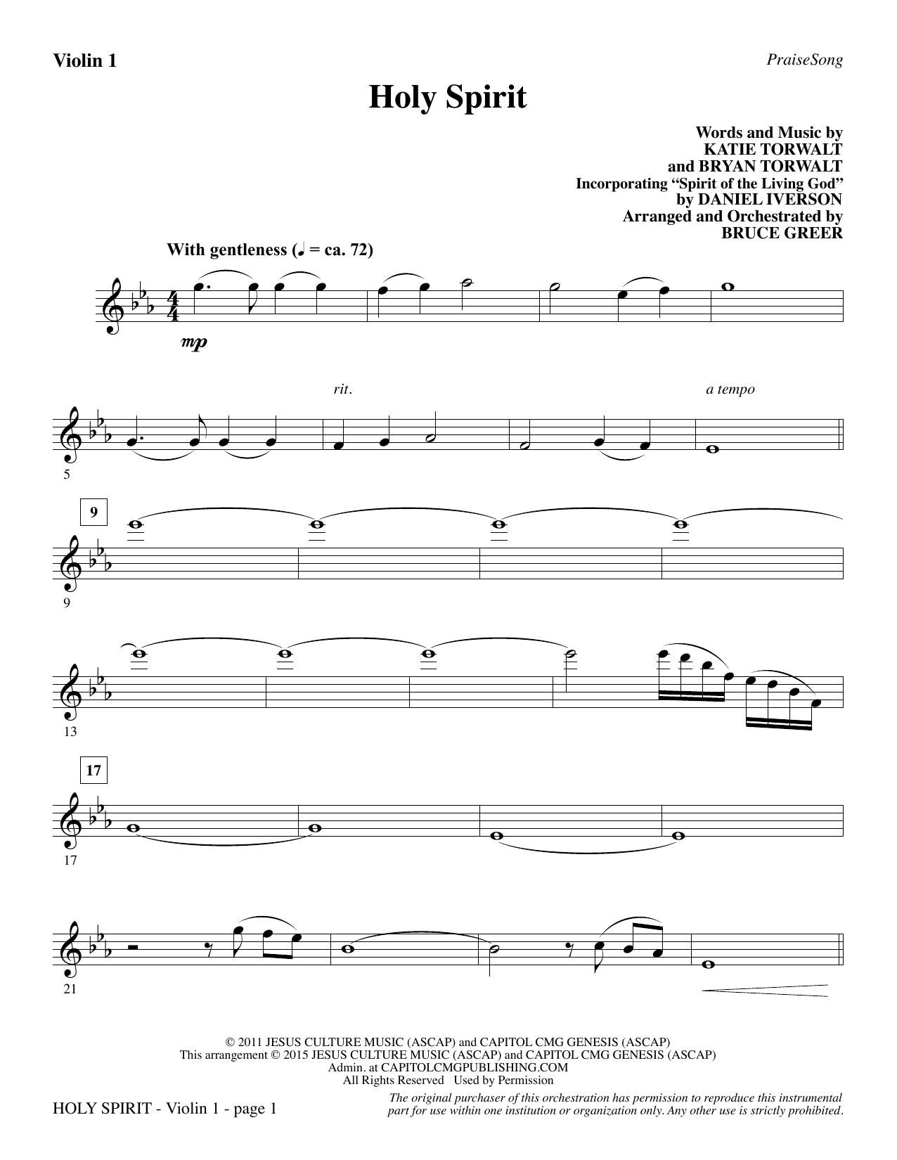 Preview Bruce Greer Holy Spirit - Violin 1 Christian sheet music, notes and chords for Choir Instrumental Pak, SKU: 345066 Holy Spirit - Violin 1 sheet music