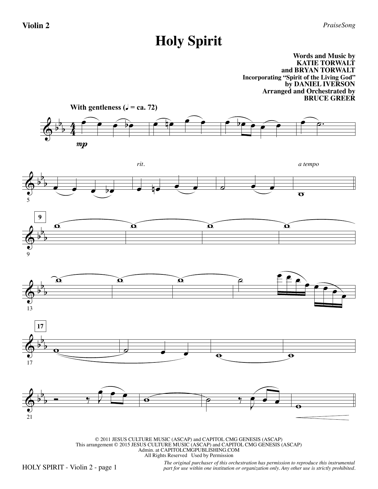 Preview Bruce Greer Holy Spirit - Violin 2 Christian sheet music, notes and chords for Choir Instrumental Pak, SKU: 345067 Holy Spirit - Violin 2 sheet music
