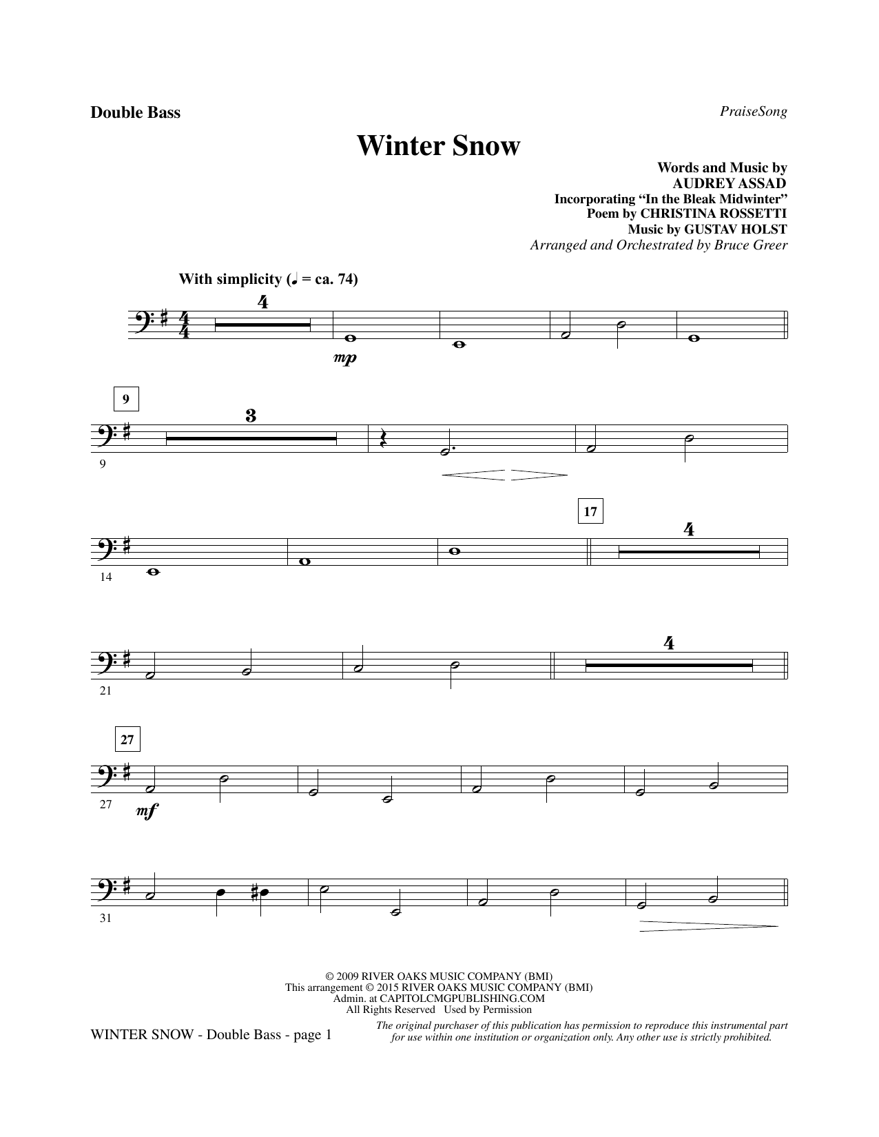Preview Bruce Greer Winter Snow - Double Bass Christian sheet music, notes and chords for Choir Instrumental Pak, SKU: 340685 Winter Snow - Double Bass sheet music
