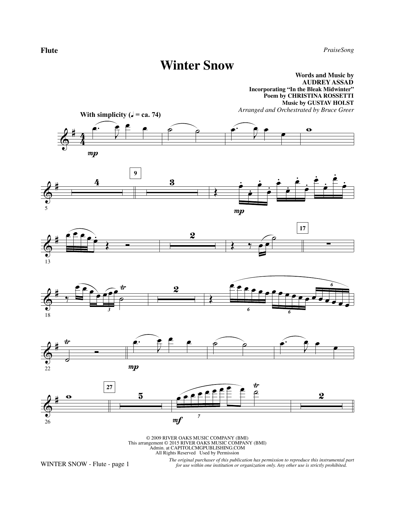 Preview Bruce Greer Winter Snow - Flute Christian sheet music, notes and chords for Choir Instrumental Pak, SKU: 340680 Winter Snow - Flute sheet music