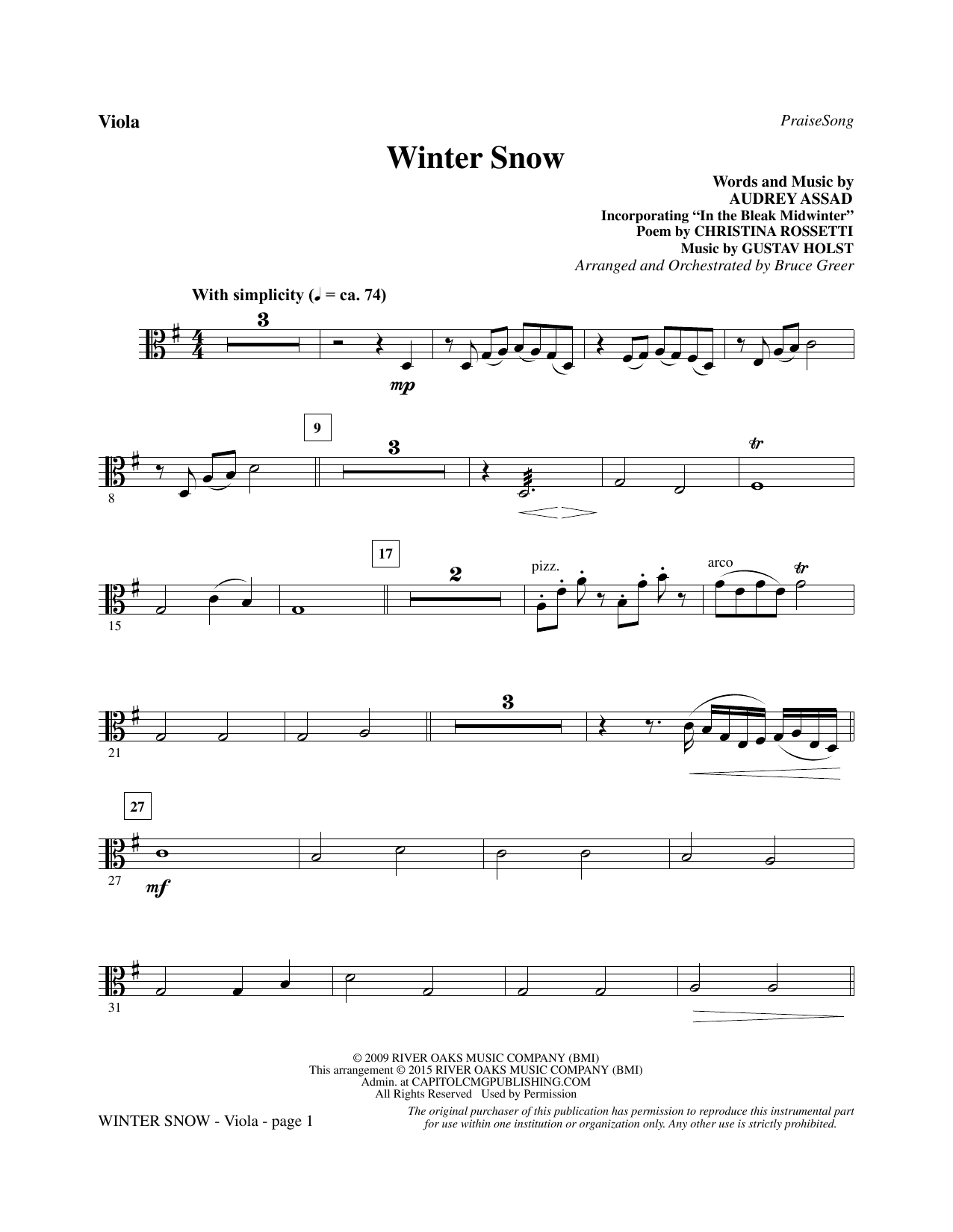 Preview Bruce Greer Winter Snow - Viola Christian sheet music, notes and chords for Choir Instrumental Pak, SKU: 340683 Winter Snow - Viola sheet music