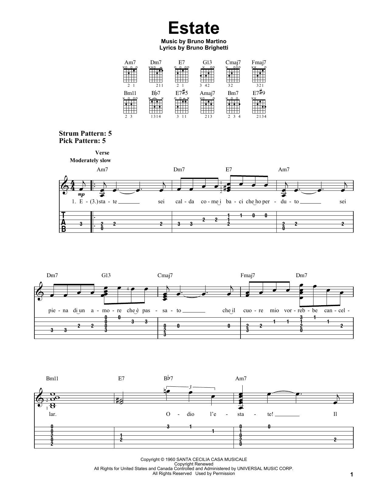 Bruno Brighetti Estate Sheet Music Notes & Chords for Easy Guitar Tab - Download or Print PDF