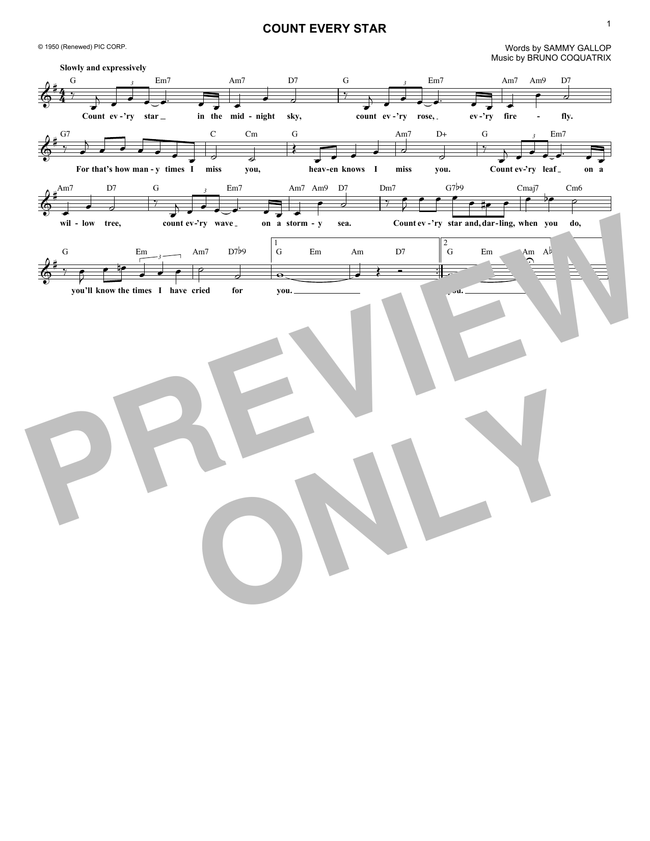 Bruno Coquatrix Count Every Star Sheet Music Notes & Chords for Melody Line, Lyrics & Chords - Download or Print PDF