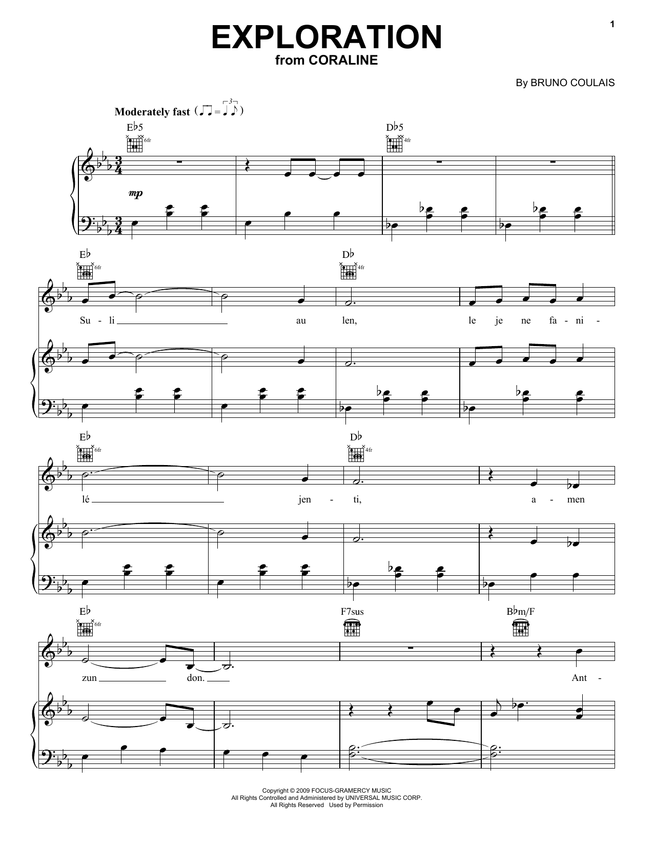 Bruno Coulais Exploration (from Coraline) Sheet Music Notes & Chords for Piano, Vocal & Guitar (Right-Hand Melody) - Download or Print PDF