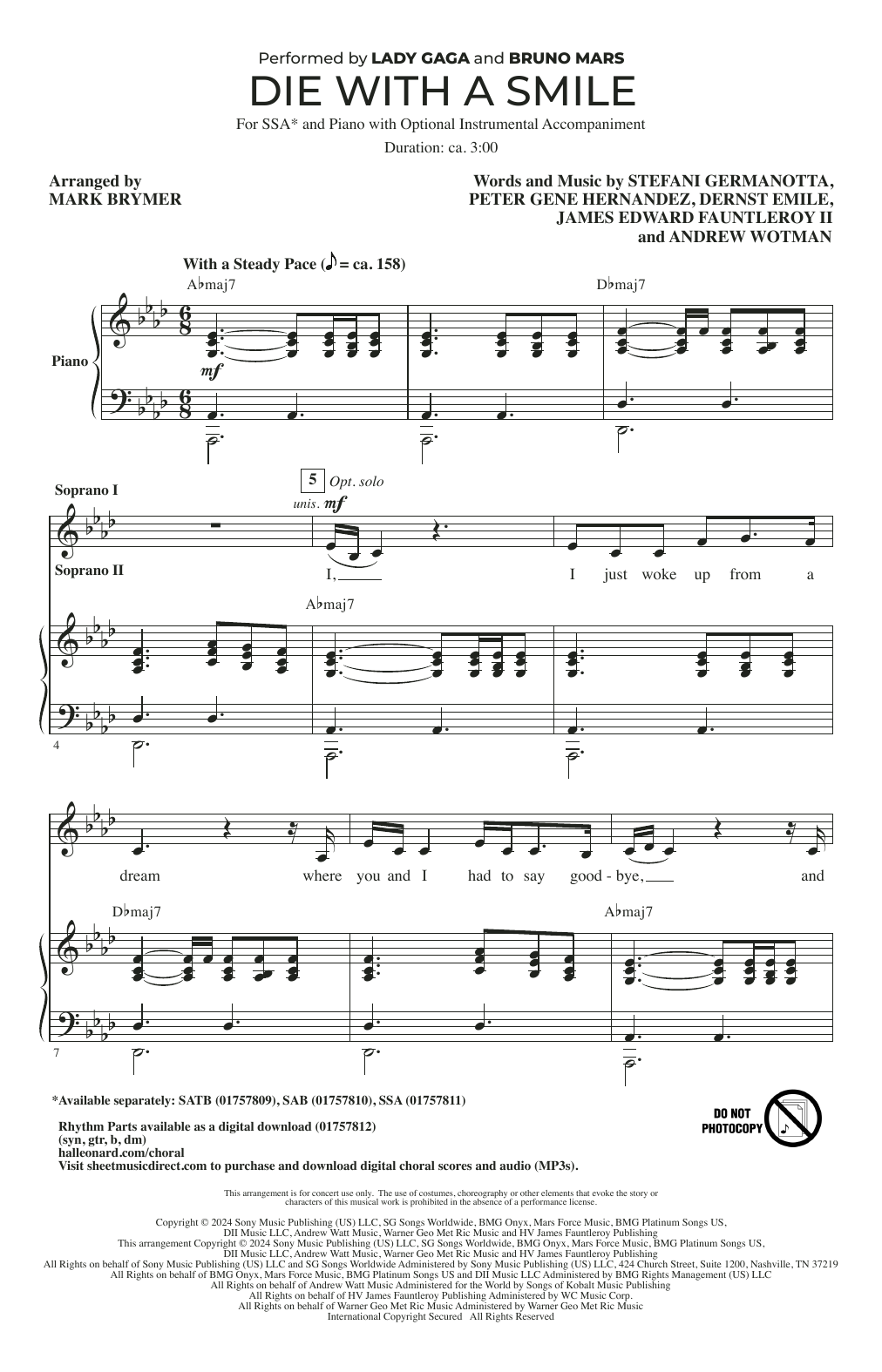 Bruno Mars & Lady Gaga Die With A Smile (arr. Mark Brymer) Sheet Music Notes & Chords for SAB Choir - Download or Print PDF