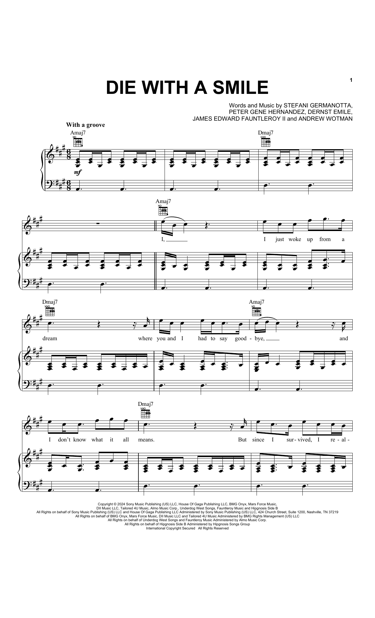 Bruno Mars & Lady Gaga Die With A Smile Sheet Music Notes & Chords for Piano, Vocal & Guitar Chords (Right-Hand Melody) - Download or Print PDF