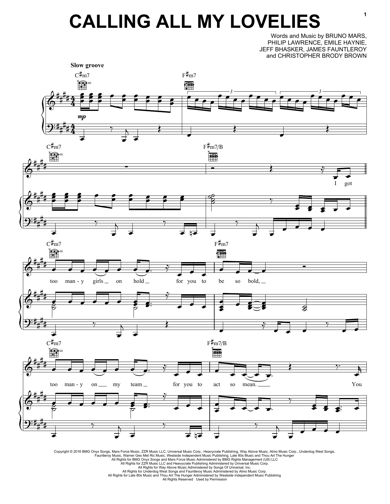 Bruno Mars Calling All My Lovelies Sheet Music Notes & Chords for Piano, Vocal & Guitar (Right-Hand Melody) - Download or Print PDF