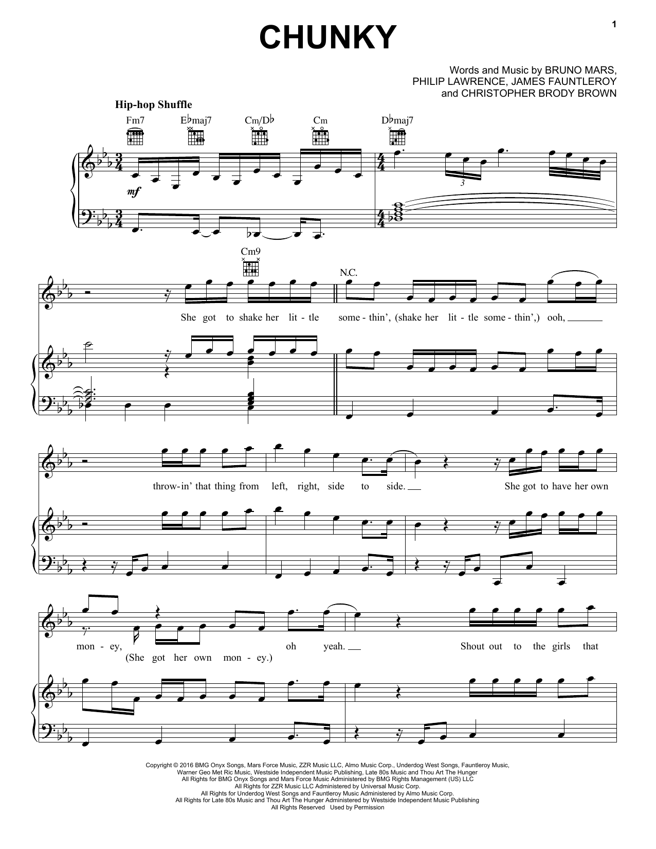 Bruno Mars Chunky Sheet Music Notes & Chords for Piano, Vocal & Guitar (Right-Hand Melody) - Download or Print PDF