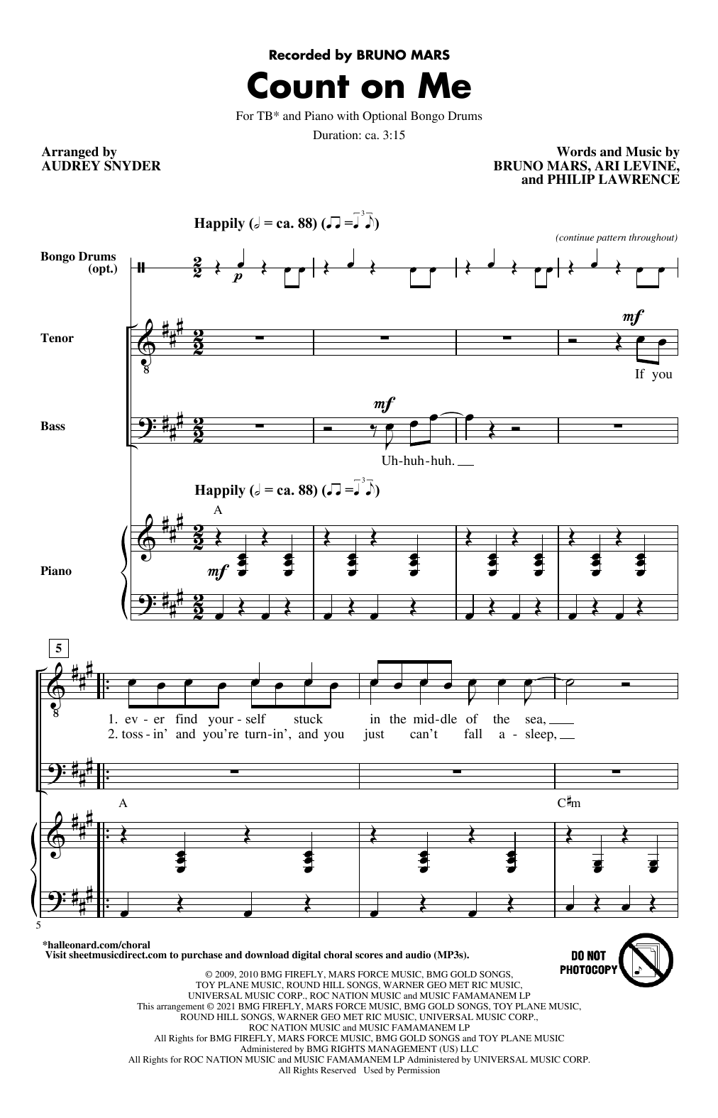 Bruno Mars Count On Me (arr. Audrey Snyder) Sheet Music Notes & Chords for TB Choir - Download or Print PDF